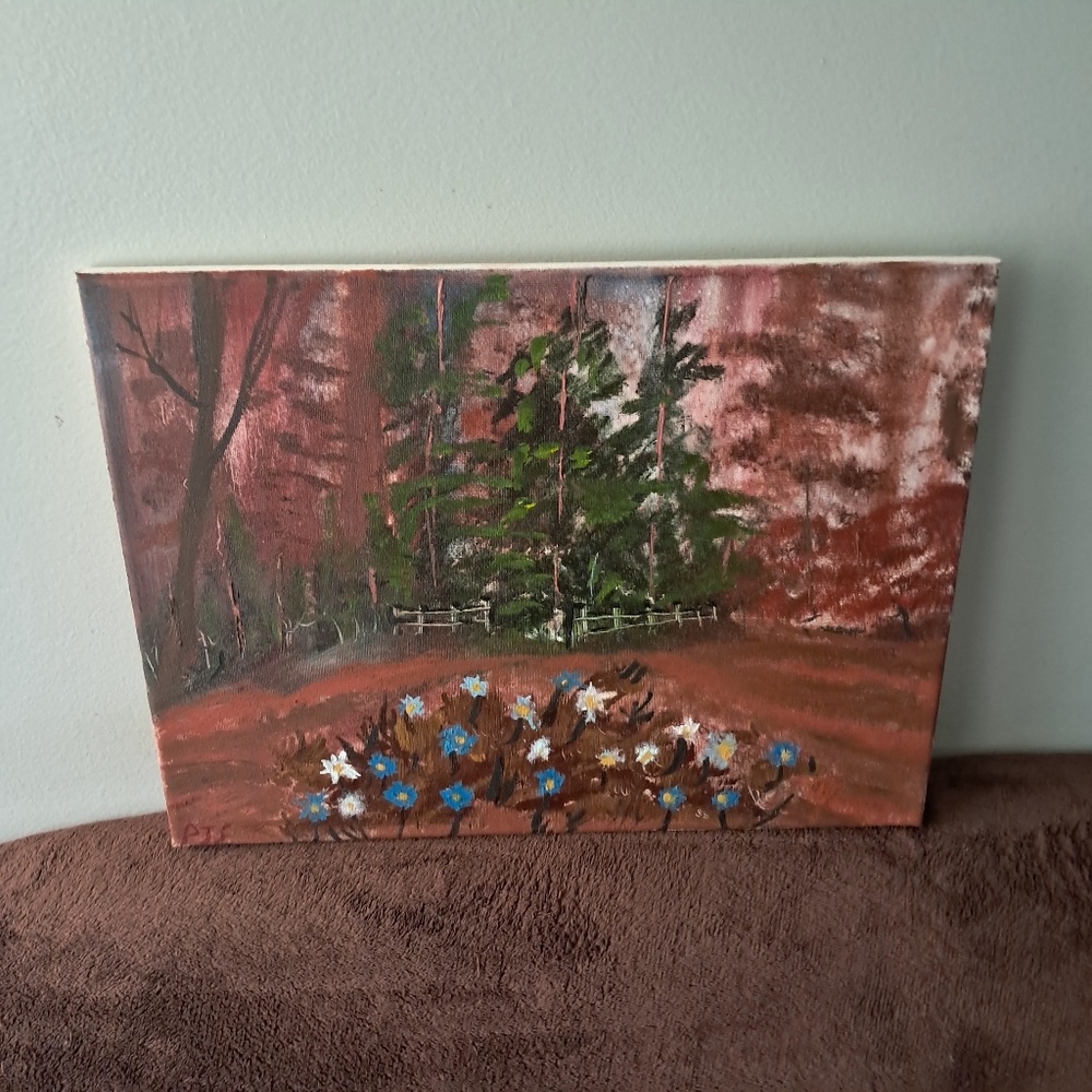 Bob Ross Inspired Oil Paint Hand Painted Canvas Flowers Trees Woods